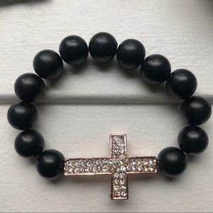 Black Beaded Rose Gold Cross Bracelet